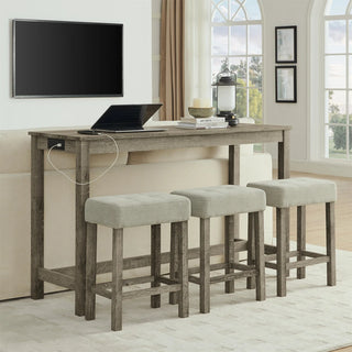 59 Inch Bar Table, Dining Table, Sofa Table with Power Outlet, 3 Upholstered Stools, 4 Piece Bar Table and Chair Set for Living Room, Dining Room, Kitchen Dweva