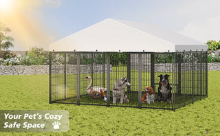 Large Dog Kennel Outdoor Pet Pens Dogs Run Enclosure Animal Hutch Metal Coop Fence with Roof Cover. 9.62'L x 9.35'W x 6.18'H. Dweva
