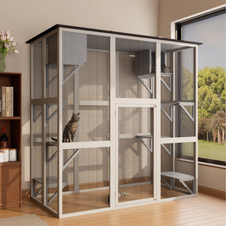 70.9" Gray Wooden Outdoor Catio Cat Enclosure with Weatherproof Asphalt Roof, Large Walk-in Cat House with 6 Platforms & 2 Napping Boxes, Solid Wood Cat Cage Playpen for Patio or Backyard Dweva