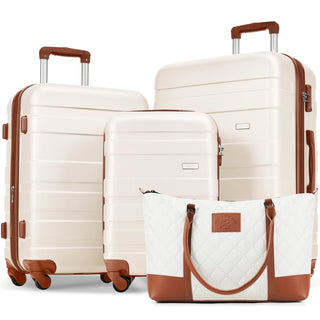 Luggage Sets 4 Piece, ABS Durable Suitcase with Travel Bag, Carry On Luggage Suitcase Set with 360° Spinner Wheels, ivory and brown Dweva