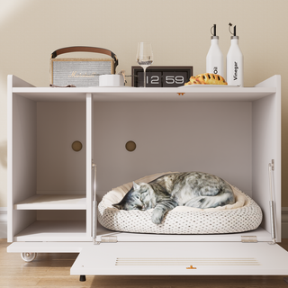 White Cat Litter Box Enclosure,Hidden Litter Box Furniture with top side fence,Wooden Pet House Side End Table, Storage Cabinet Bench for Living Room,,Bedroom, Fit Most of Litter Box Dweva