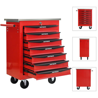 7 Drawers Multifunctional Tool Cart with Wheels,Metal Rolling Tool Cart Storage for Garage Workshop Warehouse Repair Shop--With Stainless Steel Roof- Red&Black Dweva