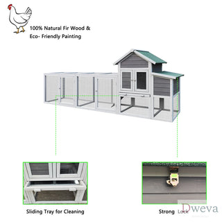 Gray Wooden Chicken Coop Outdoor Hen House with Run, Waterproof Roof & Nesting Box, Rabbit Duck Poultry Cage with Perch, Sliding Tray, and Secure Locks Dweva