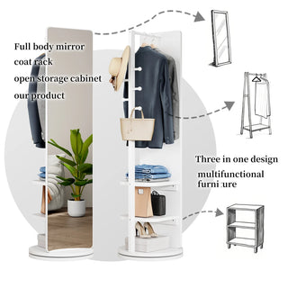 360° Rotating 66"x14" Multifunctional Full Length Mirror with Hook Storage Rack Coat Rack with Mirror Solid Wood Floor Mirror Bedroom Living Room Cloakroom Space Saving (wh Dweva