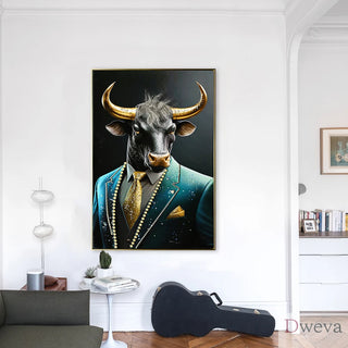 Executive Blue Buffalo Canvas Wall Art - Dapper Animal Portrait in Tailored Suit Modern British Humour Home Decor Premium Gallery Wrapped Artwork for Office Lounge Study Room decorative picture Dweva