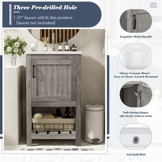 16" Bathroom Vanity Sink Combo for Small Space, Bathroom Sink Cabinet with Rectangular Ceramic Basin, Bathroom Vanities Cabinet with 1 Door and 1 Open Shelf Dweva