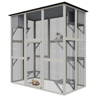 70.9" Gray Wooden Outdoor Catio Cat Enclosure with Weatherproof Asphalt Roof, Large Walk-in Cat House with 6 Platforms & 2 Napping Boxes, Solid Wood Cat Cage Playpen for Patio or Backyard Dweva