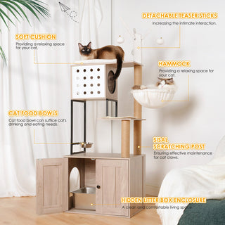 Cat Tree with Litter Box Enclosure - Modern Cat Condo with Scratching Posts, Feeding Bowl & Removable Pompom Sticks, Gray Dweva