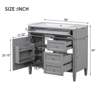 36'' Bathroom Vanity with Top Sink, Modern Bathroom Storage Cabinet with 2 Drawers and a Tip-out Drawer, Single Sink Bathroom Vanity Dweva