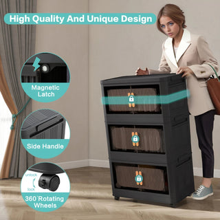 Black, 24" Side Wide Folding Storage Cabinet ,5 Tiers,23.62"×13.78"×59.84",Collapsible Storage Bins with Magnetic Door, Plastic Storage Cabinet with Wheels Dweva