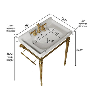 VICI 28" Bathroom Console Sink, Wall-Mounted White Ceramic Vanity Basin with 3 Pre-drilled Faucet Holes, Freestanding Stainless Steel Support Legs with Towel Bar, No Faucet, Gold Color Dweva