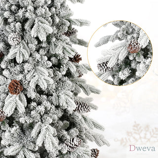 7.5 FT Flocked PE/PVC Christmas Tree with 40 Natural Pine Cones – 1424 Tips, Space-Saving Design, Hinged Branches, Stable Metal Stand, Realistic Snowy Look Dweva