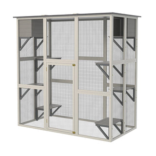 Gray Wooden Outdoor Catio Cat Enclosure with Weatherproof Asphalt Roof, Large Walk-in Cat House with 6 Platforms & 2 Napping Boxes, Solid Wood Cat Cage Kennel Condo Playpen for Patio Dweva
