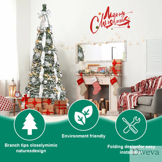 6FT Flocked Pop-Up Christmas Tree with 150 Warm White UL Lights – Pre-Decorated with Ornaments, Snowflakes, Ribbons & Large Bow – Easy Assembly & Space-Saving Holiday Décor Dweva