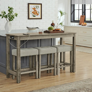 59 Inch Bar Table, Dining Table, Sofa Table with Power Outlet, 3 Upholstered Stools, 4 Piece Bar Table and Chair Set for Living Room, Dining Room, Kitchen Dweva