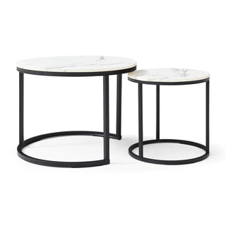 Set 2 Coffee Table Nesting White and gray top Black Frame Circular Round and Marble Pattern Wooden Tables, Living Room Bedroom Apartment Modern Industrial Simple Nightstand Dweva