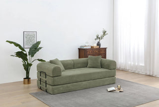 Convertible Sleeper Sofa Bed with Cylindrical Pillow - Corduroy Folding Mattress Couch with Fixed-Shape Frame for Living Room, Bedroom, Lounge, Studio - Light Green Dweva
