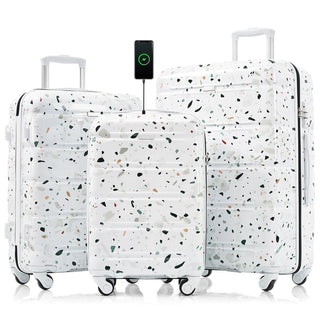 Luggage Set of 3, 20-inch with USB Port, Airline Certified Carry-on Luggage , ABS+PC Hard Shell Luggage with Spinner Wheels,starry sky white Dweva