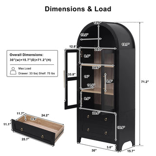 K&K 71" Tall Arched Kitchen Pantry Cabinet with 2 Large Drawers, Modern Farmhouse Kitchen Storage Cabinets with Adjustable Shelves, Glass Door, Wood Versatile Cupboard for Kitchens, Dining Room, Black Dweva
