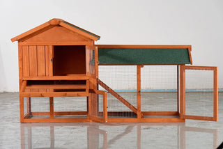 Large Wooden Rabbit Hutch, 2-Story Outdoor Bunny Cage with Waterproof Asphalt Roof, Pull-Out Tray & Ramp, Fir Wood Pet House for Rabbits, Chickens, Guinea Pigs (Brown & Green) Dweva