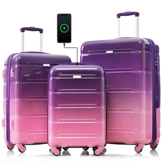 Luggage Set of 3, 20-inch with USB Port, Airline Certified Carry-on Luggage , ABS+PC Hard Shell Luggage with Spinner Wheels,purple and pink Dweva
