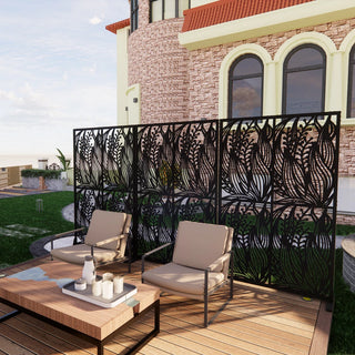 Metal Privacy Screens W3.8Ft X H6Ft Outdoor and Indoor Divider with Free Standing Decorative Privacy Screen for Balcony Patio Garden Room Divider, Black Leaf Shape Dweva