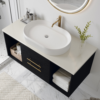 Modern 40-In Wall-Mounted Bathroom Vanity with Oval Ceramic Sink Floating Vanity Multi-Layer Solid Wood Cabinet Soft-Close Drawers Open Shelf Storage Dweva