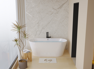 59" Acrylic Freestanding Bathtub, Stand Alone Soaking Tub, Glossy White Acrylic, Toe-tap Chrome Drain, cUPC Certified Dweva