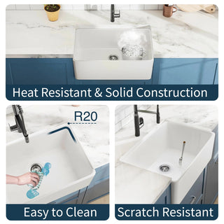 24 Inch White Fireclay Farmhouse Sink-24x 16 White Farm Sink for Small Kitchen and Laundry, Apron Front Porcelain Ceramic Sink Single Basin with Bottom Grid and Strainer Dweva