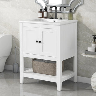 [VIDEO] 24" White Modern Sleek Bathroom Vanity Elegant Ceramic Sink with Solid Wood Frame Open Style Shelf Dweva