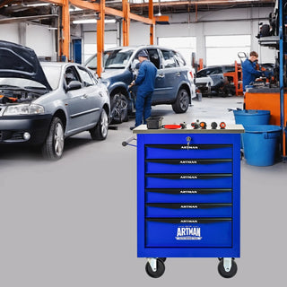 6 Drawers Multifunctional Tool Cart with Wheels,Metal Rolling Tool Cart Storage for Garage Workshop Warehouse Repair Shop--With Stainless Steel Roof- BLACK&BLUE Dweva