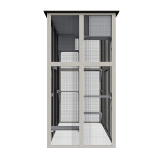 70.9" Gray Wooden Outdoor Catio Cat Enclosure with Weatherproof Asphalt Roof, Large Walk-in Cat House with 6 Platforms & 2 Napping Boxes, Solid Wood Cat Cage Playpen for Patio or Backyard Dweva