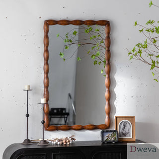 Mid-Century Modern Mirror with Solid Wood Frame,Wall-Mounted High-Definition Non-deformable Bedroom Mirror, Living Room Mirror,Brown Dweva