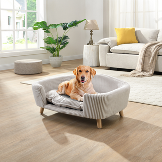 Elevated Dog Bed Frame for Small Dog, Corduroy Pet Couch Bed with Rubber Wood Legs and Supportive Foam, Beige, Easy Assembly Dweva