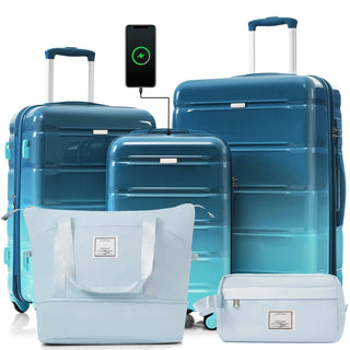 Luggage Sets 5 Piece, 20-inch with USB Port, ABS Durable Suitcase with Travel Bag, ABS+PC Hard Shell Luggage with Spinner Wheels, blue Dweva