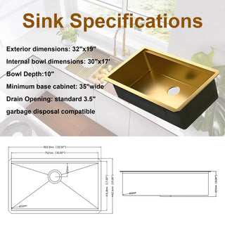 32 Gold Undermount Workstation Kitchen Sink-32 x 19 Inch 16 Gauge Stainless Steel Undermount Kitchen Sink Handmade R10 Radius 10 Inch Deep Undermount Single Bowl Sink with Custom Accessories Dweva