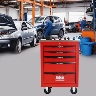 5 Drawers Multifunctional Tool Cart with Wheels,Metal Rolling Tool Cart Storage for Garage Workshop Warehouse Repair Shop--With Stainless Steel Roof--Red&Black Dweva
