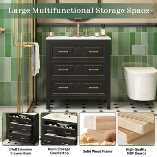 30'' Bathroom Vanity with Ceramic Sink Combo, Free Standing Single Vanity Set with 3 Drawers, Solid Wood Frame Bathroom Storage Cabinet, Black Dweva