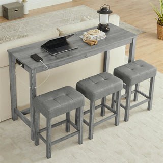 59 Inch Bar Table, Dining Table, Sofa Table with Power Outlet, 3 Upholstered Stools, 4 Piece Bar Table and Chair Set for Living Room, Dining Room, Kitchen Dweva