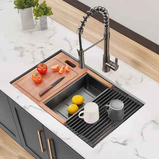 28 Gunmetal Black Undermount Workstation Kitchen Sink-28 x 18 Inch 16 Gauge Stainless Steel Undermount Kitchen Sink, Handmade R10 Radius 10 Inch Deep Undermount Single Bowl Sink with Accessories Dweva