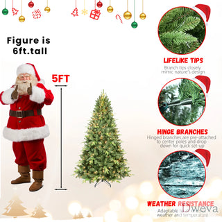 5FT Pre-Lit Christmas Tree with 300 UL Warm White Lights – Classic Green Tree with 967 PE+PVC Tips, Hinged Branches for Easy Setup, Sturdy Metal Stand, Realistic Full Look Dweva