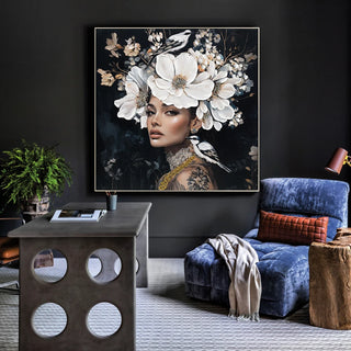 Floral Woman Canvas Wall Art Black and White Bird Tattoo Portrait Modern Aesthetic Artwork for Living Room Bedroom Office Art oil painting decorative picture Dweva