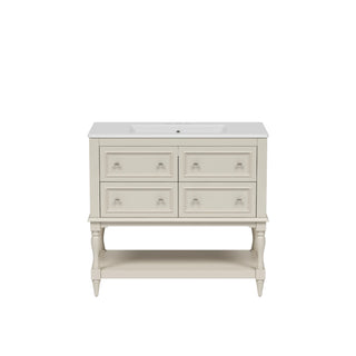 36" Bathroom Vanity Cabinet with Sink Combo Set, Undermount Ceramic Sink, Free Standing Vanity Set with 4 Drawers, Solid Wood Frame Bathroom Cabinet, Beige Dweva