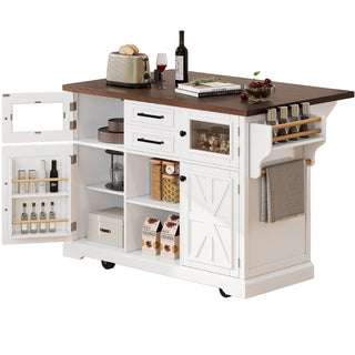 K&K 54.9" Kitchen Island with Drop Leaf, Power Outlet, Kitchen Storage Cart with 4 Door Shelves, Cross Barn Doors & Visual Glass Door, Rolling Kitchen Island on 4 Wheels for Kitchen, Dining Room,White Dweva