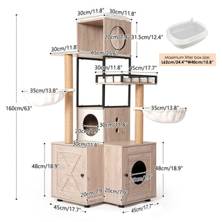 63" Multi-Functional Cat Tree with Litter Box - Includes Removable Washable Cushion, Scratching Posts & Toy Hanger, Modern Design, Rustic Gray Dweva