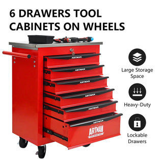 6 Drawers Multifunctional Tool Cart with Wheels,Metal Rolling Tool Cart Storage for Garage Workshop Warehouse Repair Shop--With Stainless Steel Roof- Red&Black Dweva