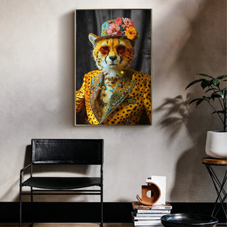 Abstract Art Wall Decor: Stylish Cheetah in Leopard Print Suit with Sunglasses and Hat Featuring Flower - Unique Modern Canvas Painting for Living Room, Bedroom, Office decorative picture Dweva