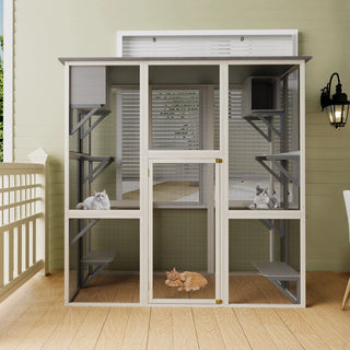 Gray Wooden Outdoor Catio Cat Enclosure with Weatherproof Asphalt Roof, Large Walk-in Cat House with 6 Platforms & 2 Napping Boxes, Solid Wood Cat Cage Kennel Condo Playpen for Patio Dweva