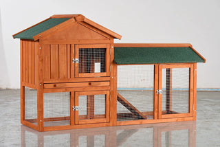 Large Wooden Rabbit Hutch, 2-Story Outdoor Bunny Cage with Waterproof Asphalt Roof, Pull-Out Tray & Ramp, Fir Wood Pet House for Rabbits, Chickens, Guinea Pigs (Brown & Green) Dweva