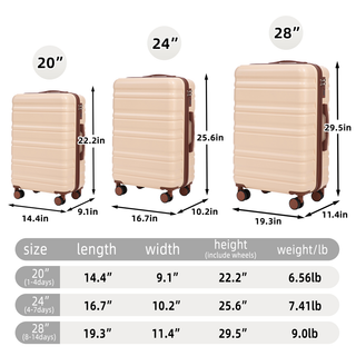 HIFINE TOURIST 20"/24"/28" 3 pcs/set in ABS Spinner Wheel Luggage, Carry on Suitcase, Matching Color, Combination Lock (Beige) Dweva